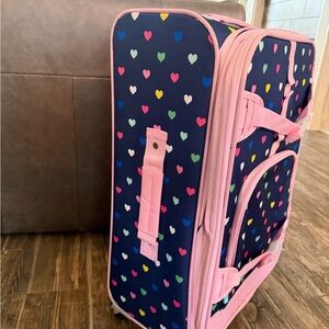 Pottery Barn Kids Navy Heart Print Rolling Suitcase with Pink Trim